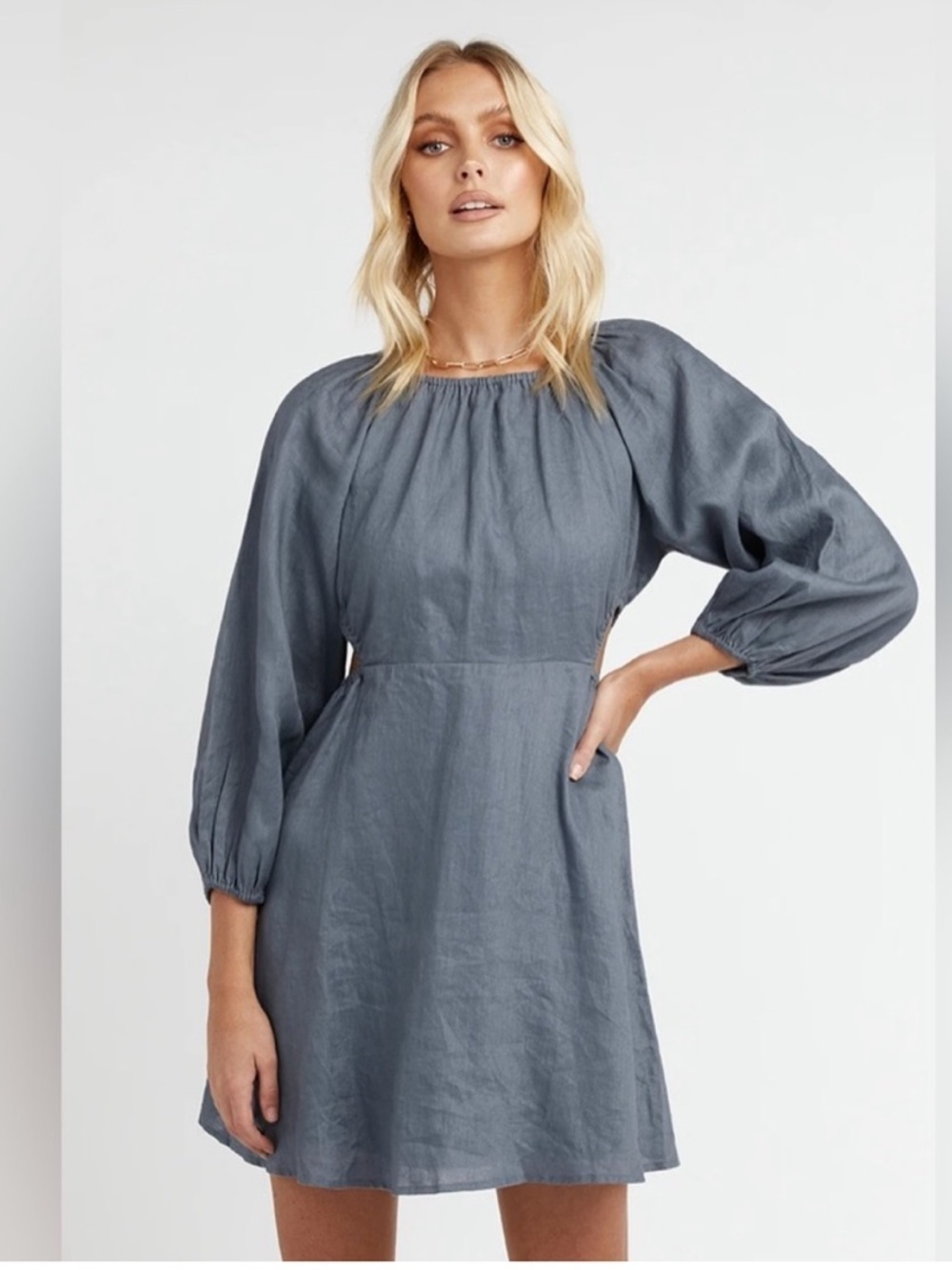 DISSH 100% Linen Evans Cutout Dress - Steel Blue Size AU 6 US 2